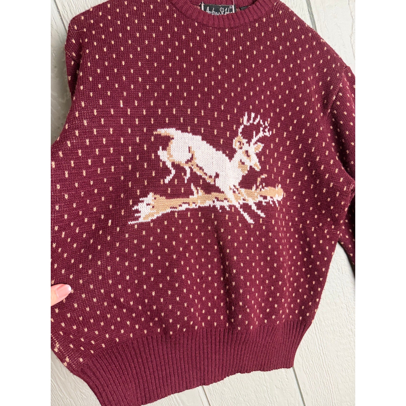 Vintage Andrew Stewart Burgundy Deer Sweater | 80s 90s Cottagecore Woodland Knit