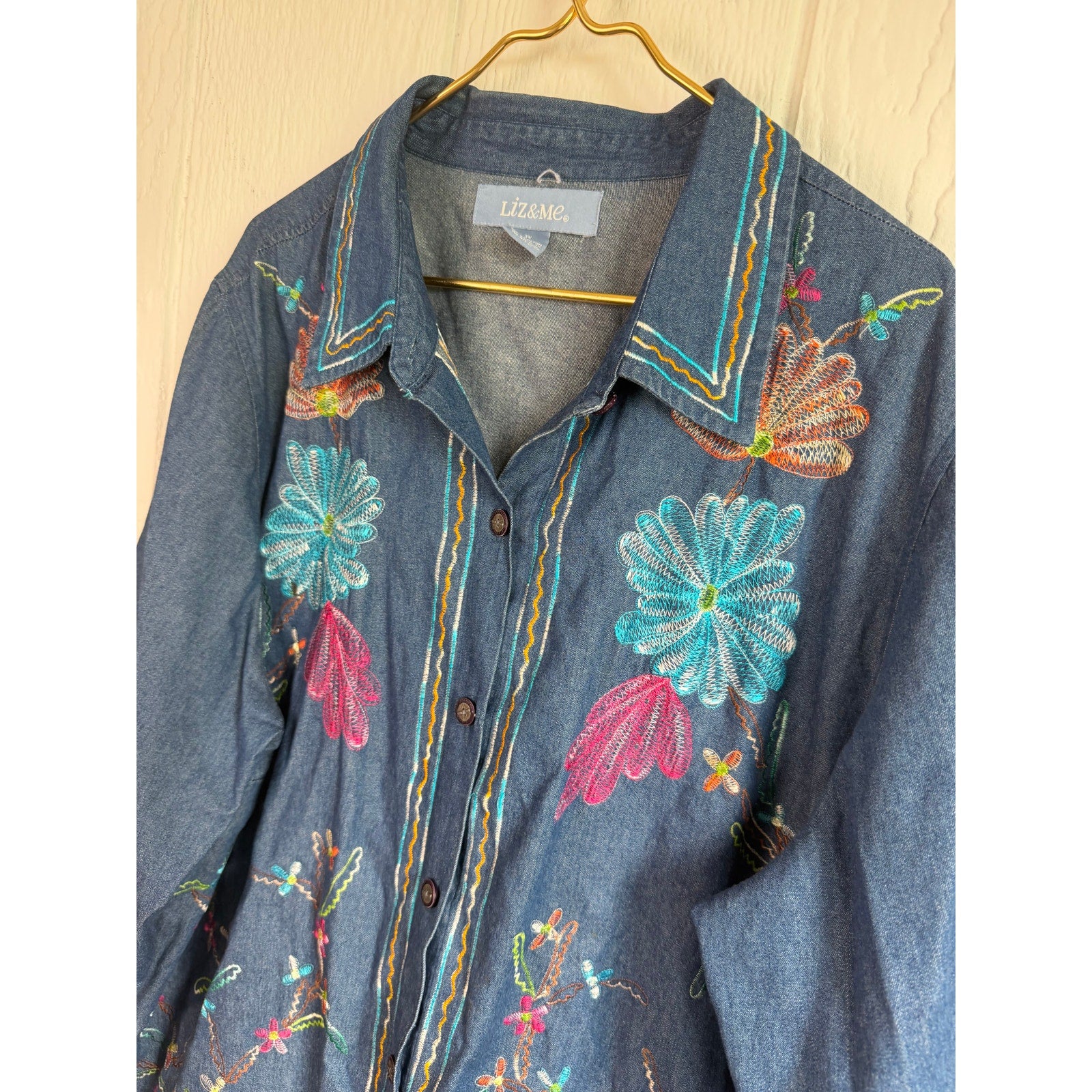 Liz & Me 3X Embroidered Denim Button Up Tunic Floral Boho Cottagecore Plus