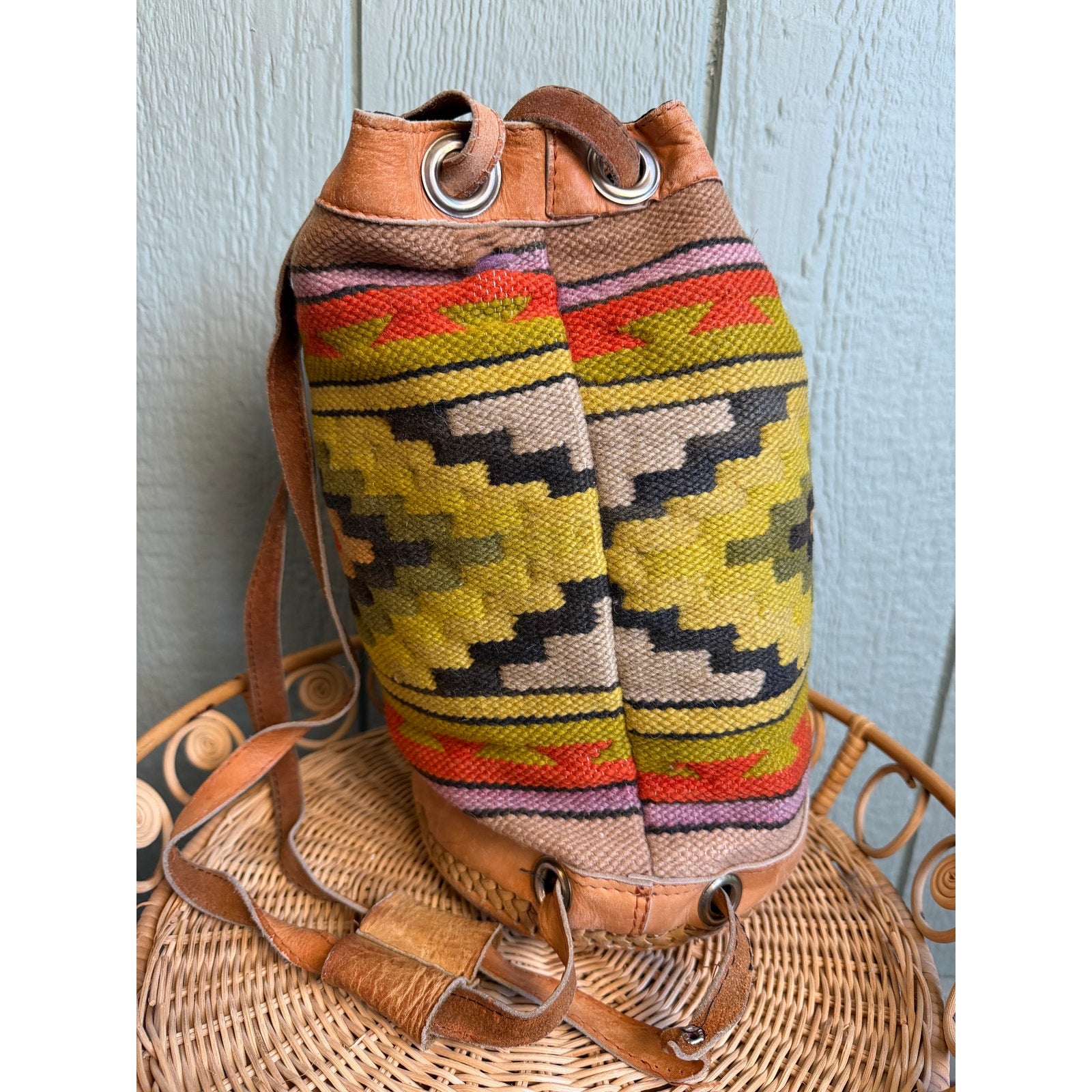 Trish Hunter Vintage Kilim Drawstring Bucket Bag | Leather & Woven Tapestry