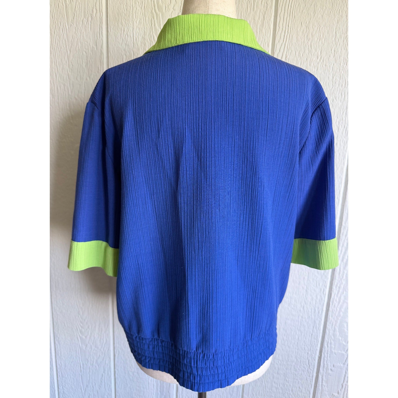Vintage Colorblock Blouse Blue Green Crinkle Button Front Top 90s