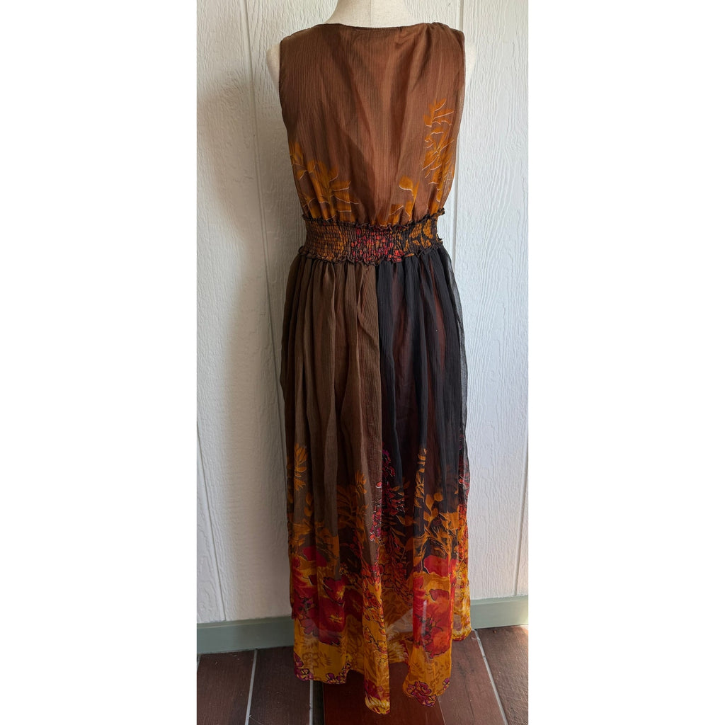 Vintage Floral Chiffon Maxi Dress Brown Orange Boho Empire Waist Medium