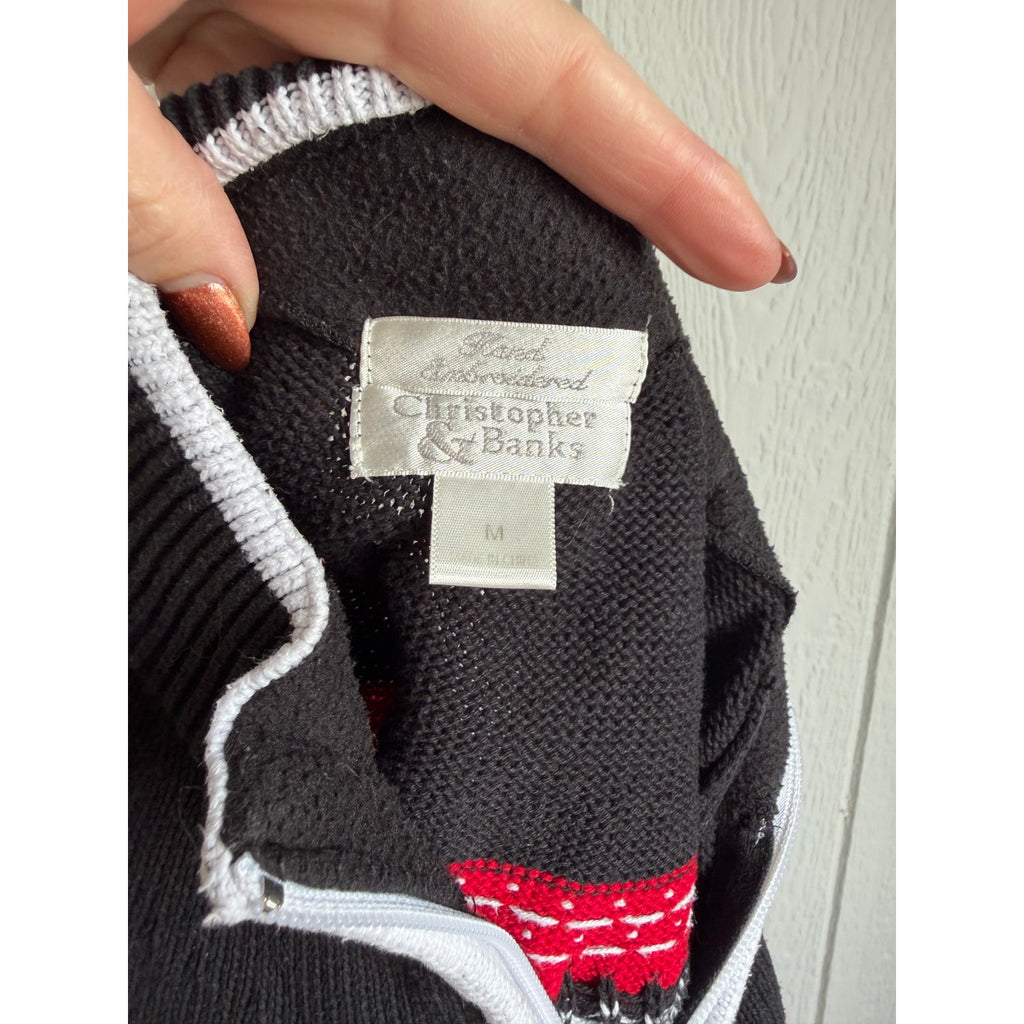 Vintage Hand Embroidered Penguin Sweater Women’s Medium Red Black 1/4 Zip