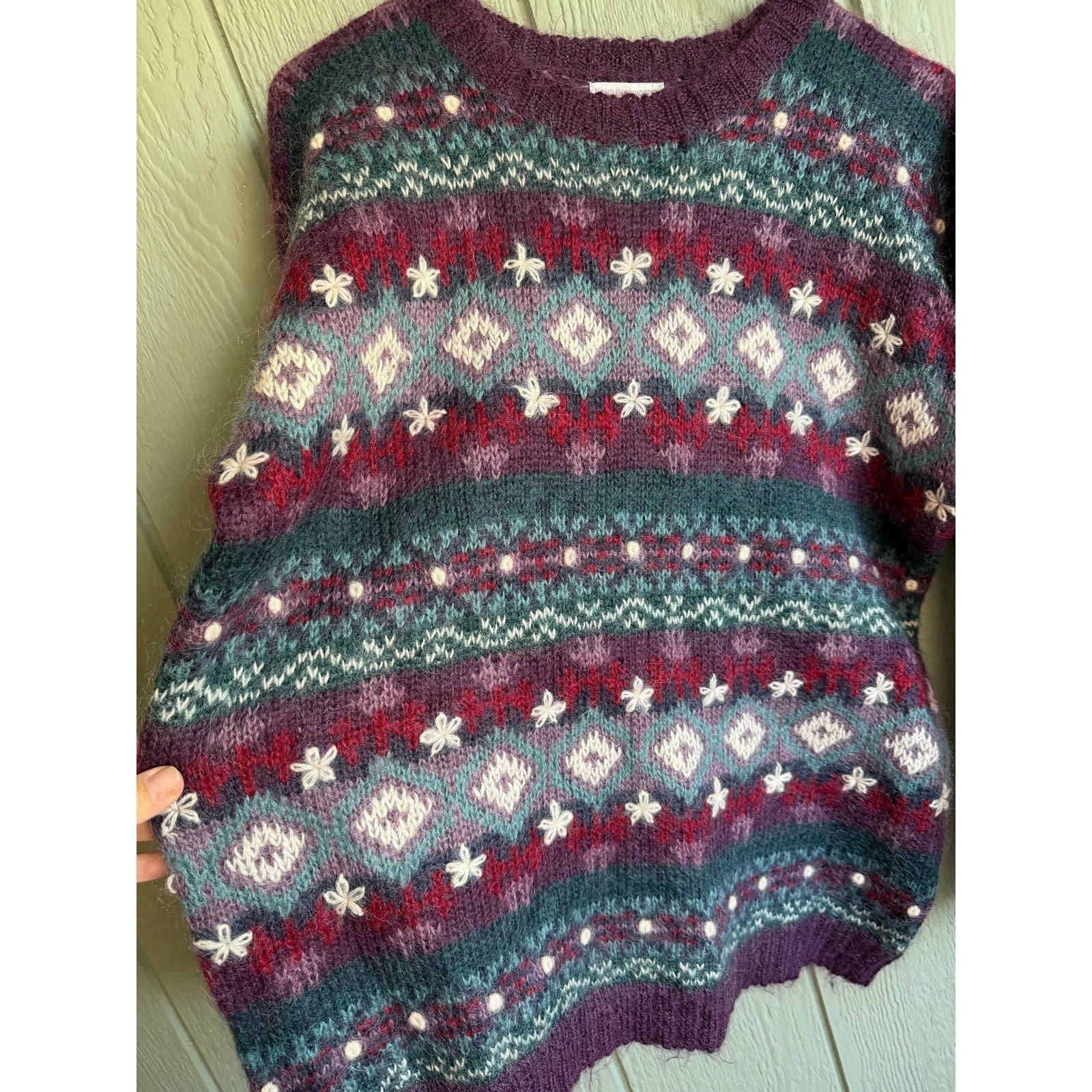 Vintage 90s Christopher & Banks Mohair Blend Sweater Nordic Fair Isle Pattern Knit Hand Embroidered