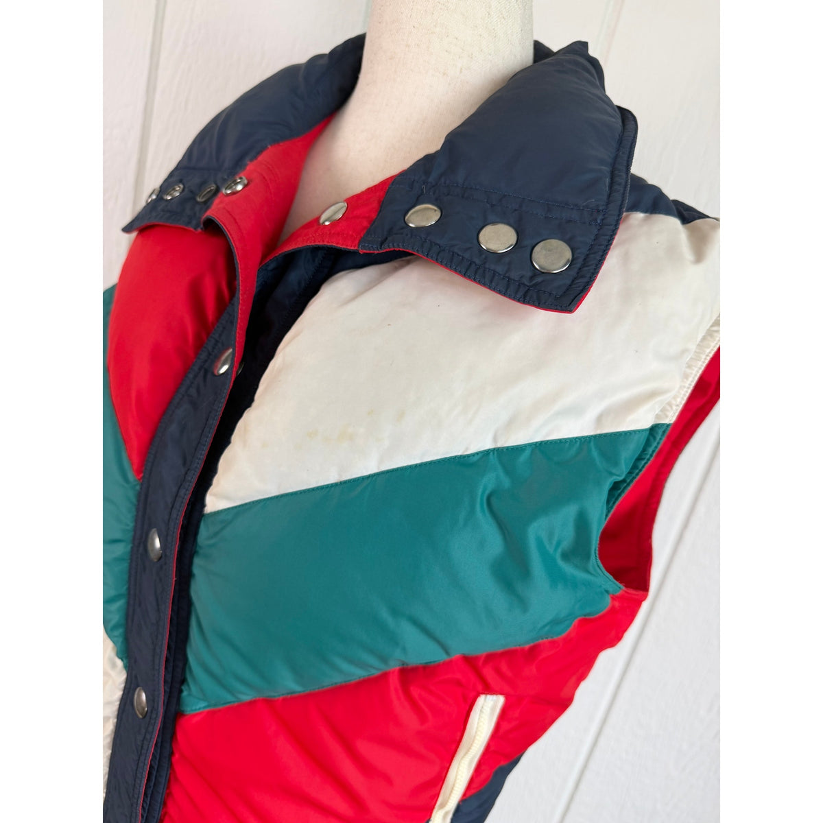 Vintage 80s JCPenney Ski Vest Medium Down Puffer Colorblock Après Ski Chevron
