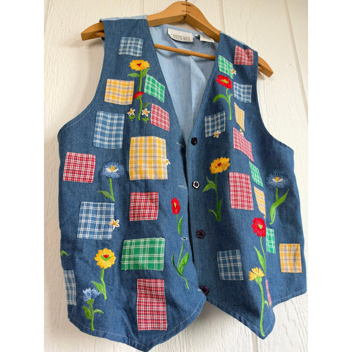 Vintage 90s Denim Vest Floral Embroidered Plaid Patchwork Cottagecore