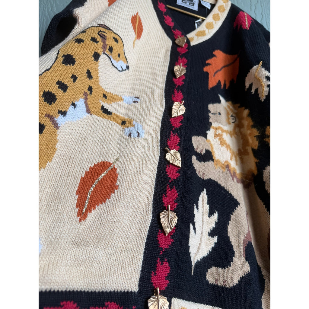 NWT Vintage Storybrook Knits Fall Animal Cardigan Leopard Fox Leaves Sweater L