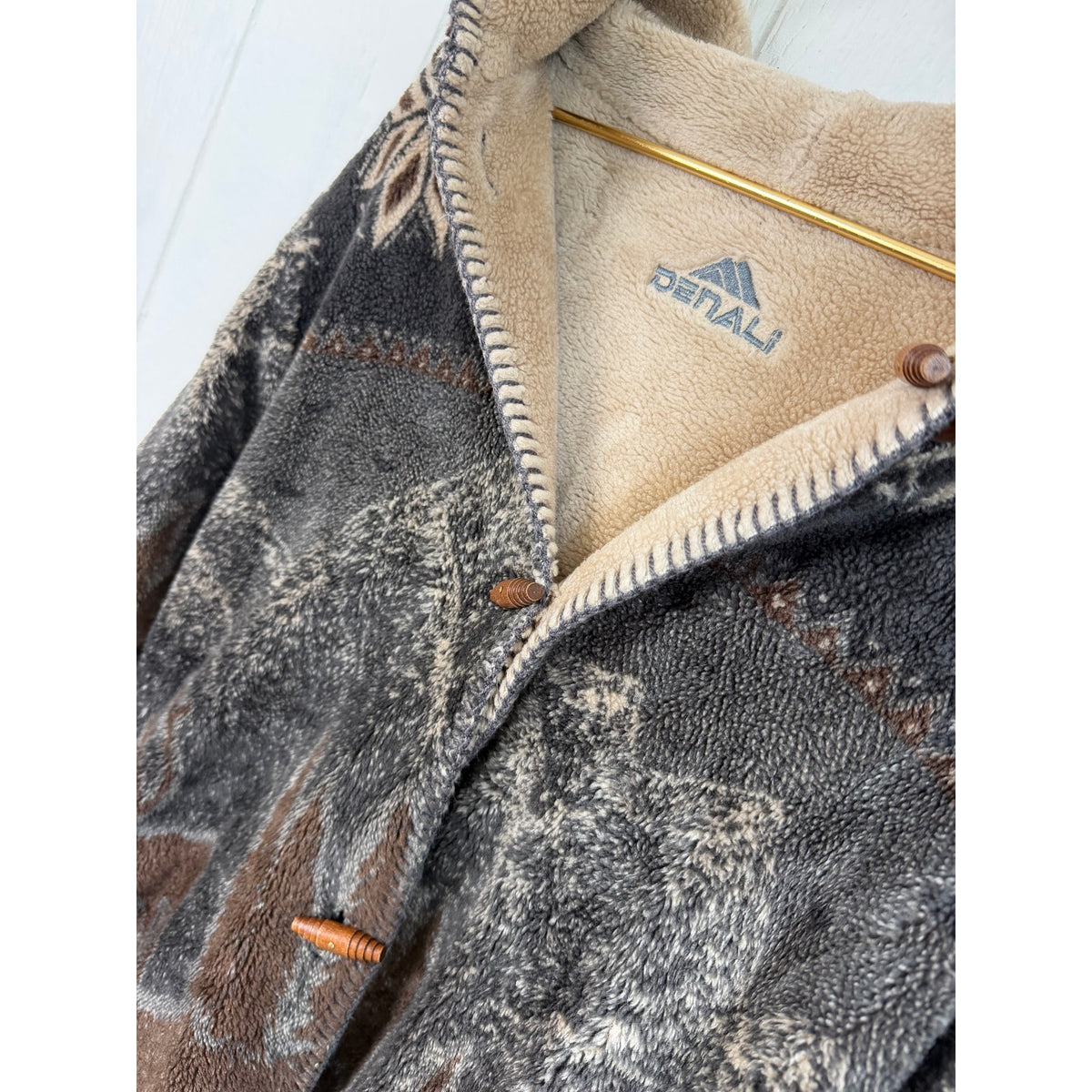 Vintage Denali Fleece Jacket Small Deer Mountain Nordic Hooded Toggle Made USA