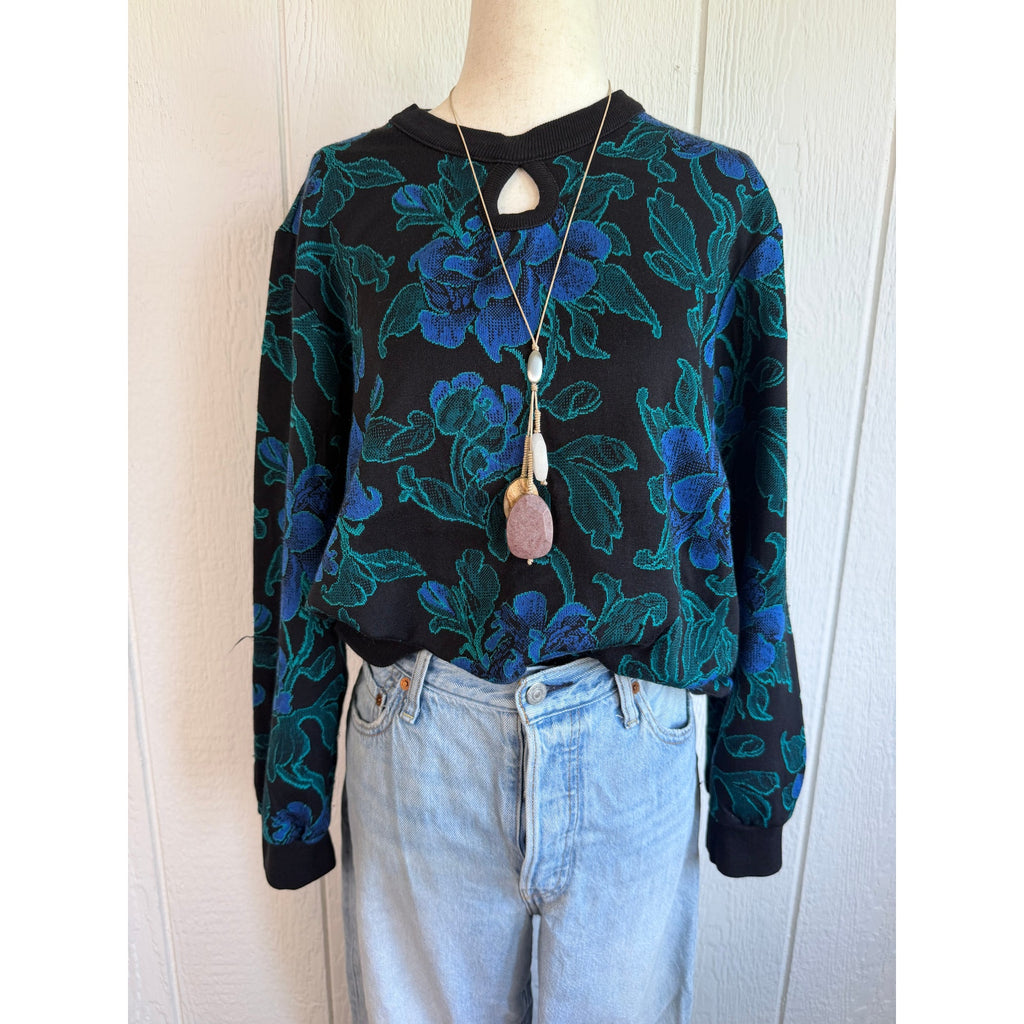 Vintage 80s 90s Cricket Lane Floral Jacquard Sweater Keyhole Black Teal Blue