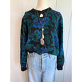 Vintage 80s 90s Cricket Lane Floral Jacquard Sweater Keyhole Black Teal Blue