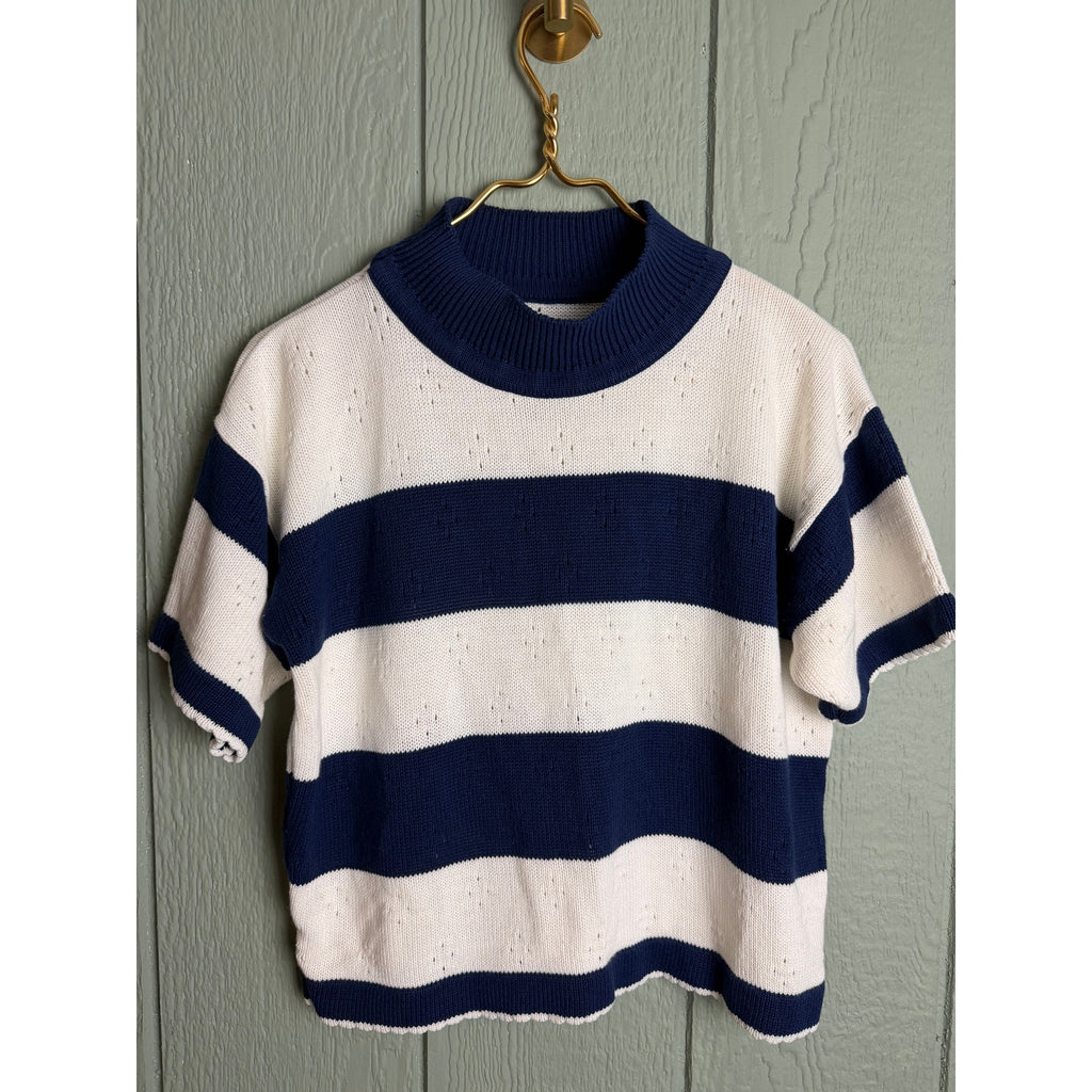 Vintage 80s Navy White Stripe Knit Top Short Sleeve Mock Neck Made in USA