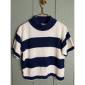 Vintage 80s Navy White Stripe Knit Top Short Sleeve Mock Neck Made in USA