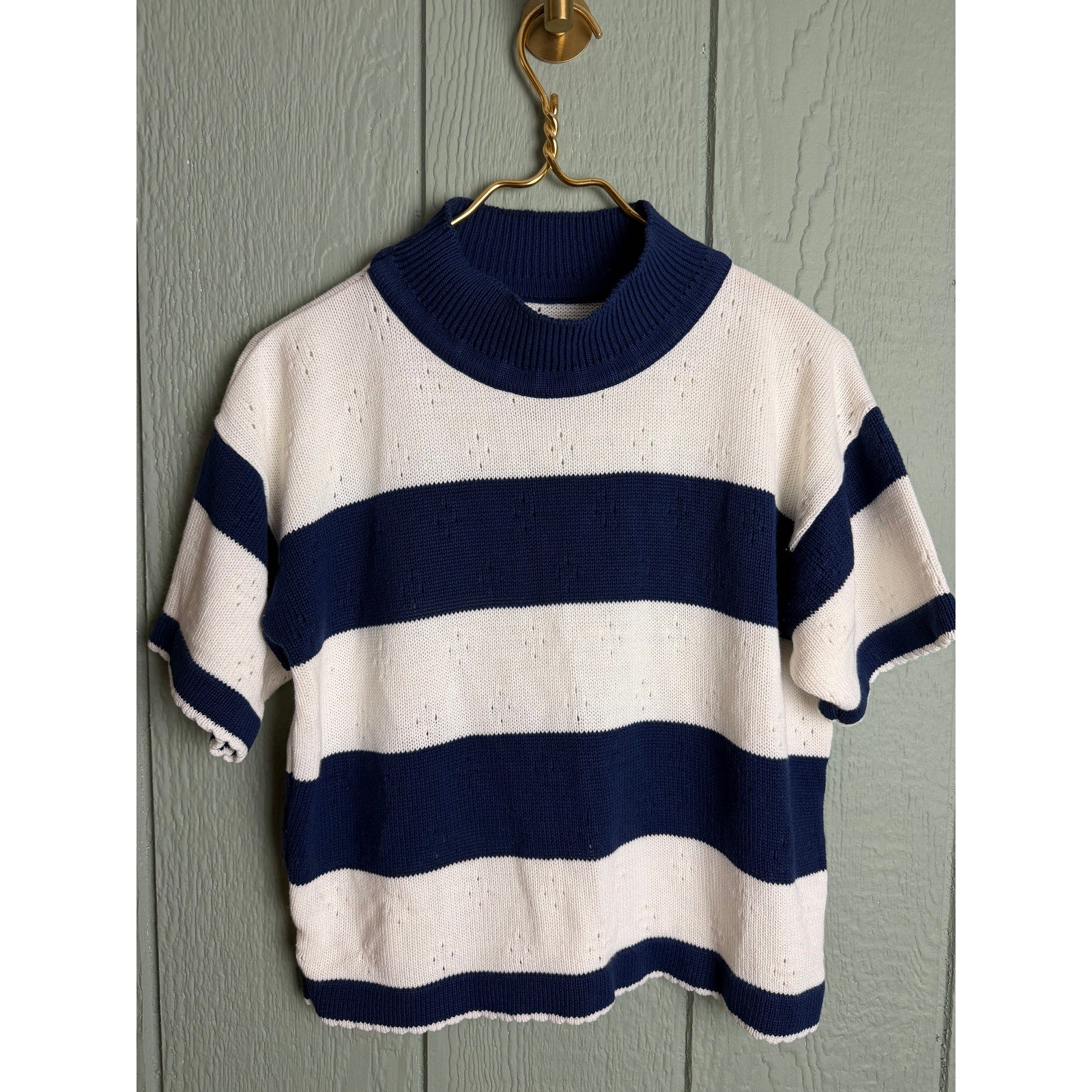 Vintage 80s Navy White Stripe Knit Top Short Sleeve Mock Neck Made in USA