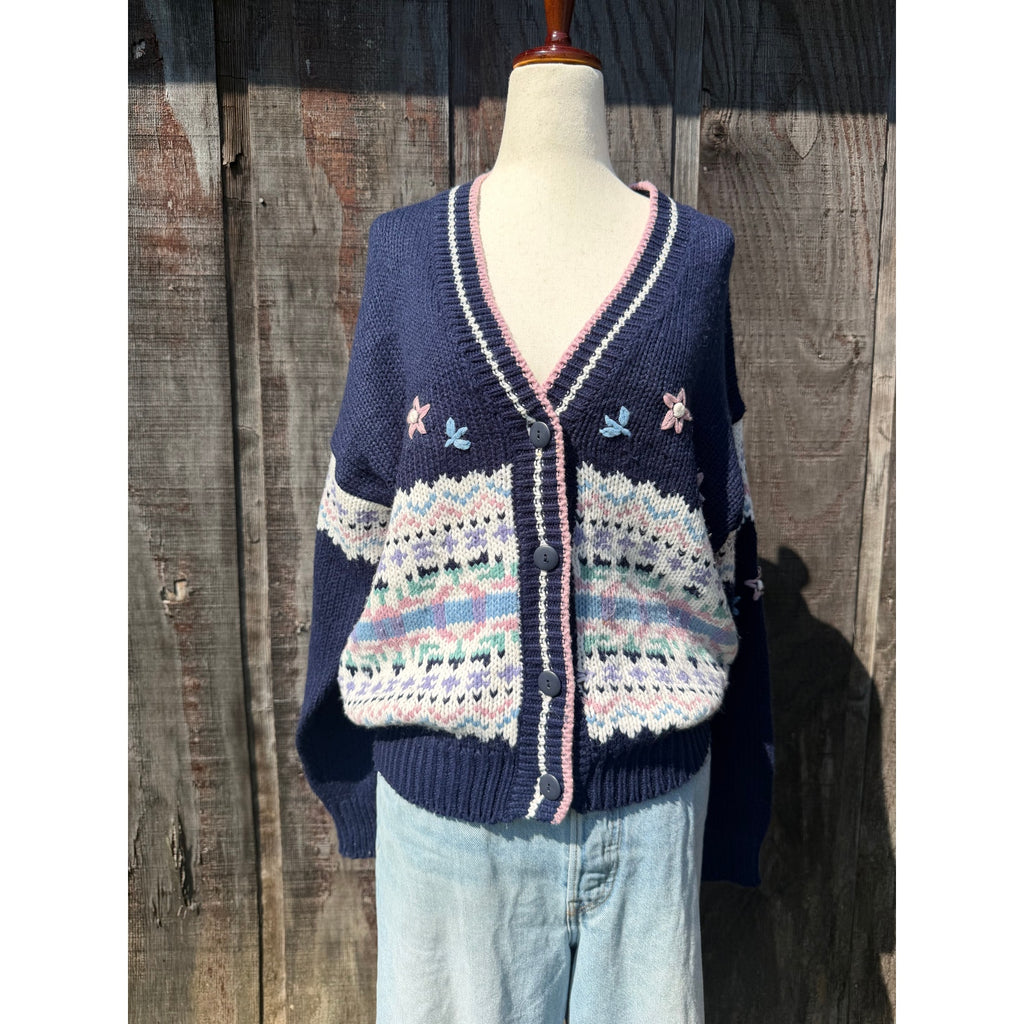 Vintage 90s Floral Knit Fair Isle Cardigan Small