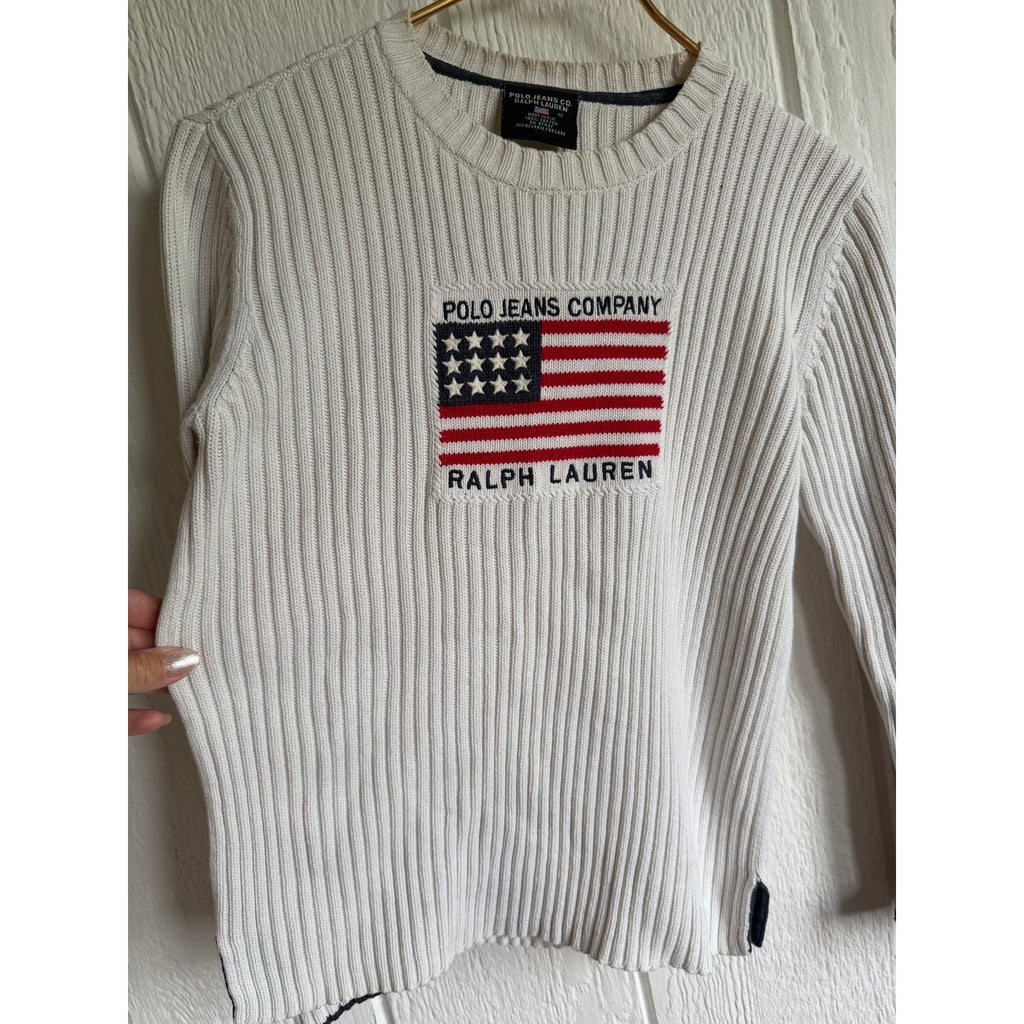 Vintage Polo Ralph Lauren Ribbed Knit Creamy Beige Luxury USA Flag Sweater Med