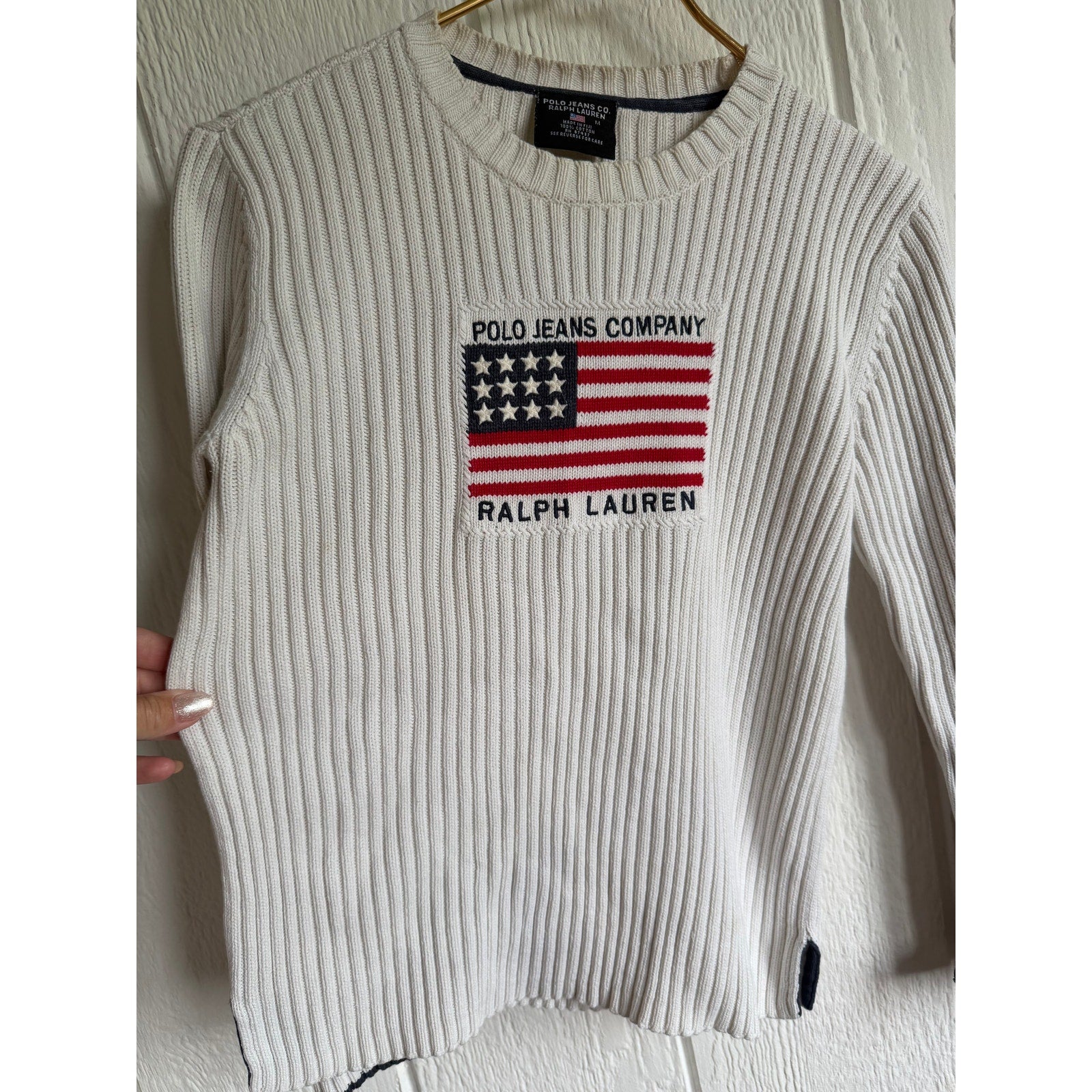 Vintage Polo Ralph Lauren Ribbed Knit Creamy Beige Luxury USA Flag Sweater Med