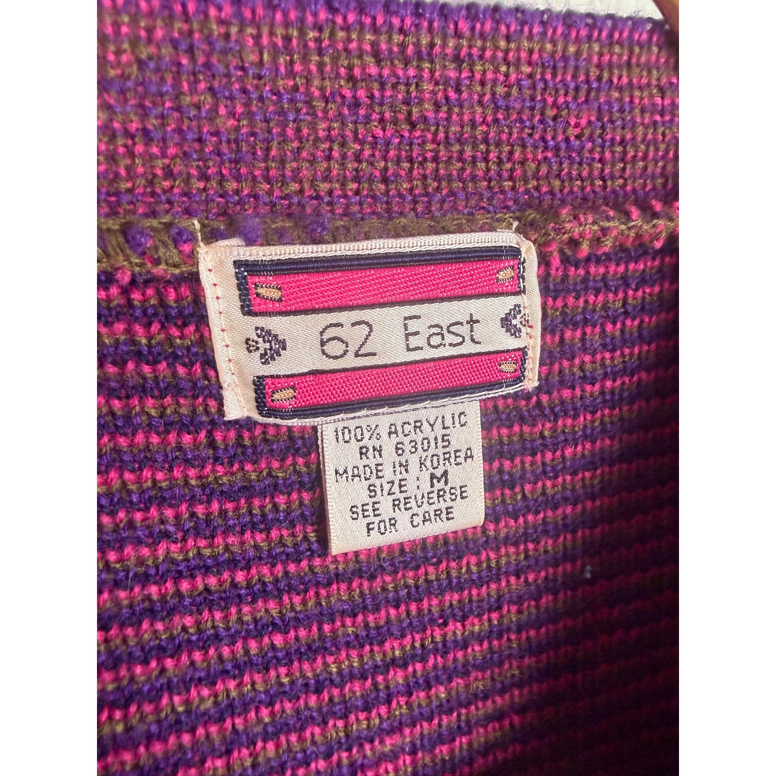 Vintage 80s 62 East Neon Pink Purple Southwestern Knit Sweater Size M