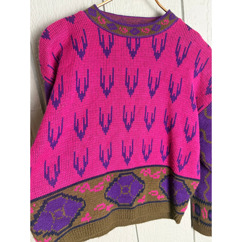 Vintage 80s 62 East Neon Pink Purple Southwestern Knit Sweater Size M