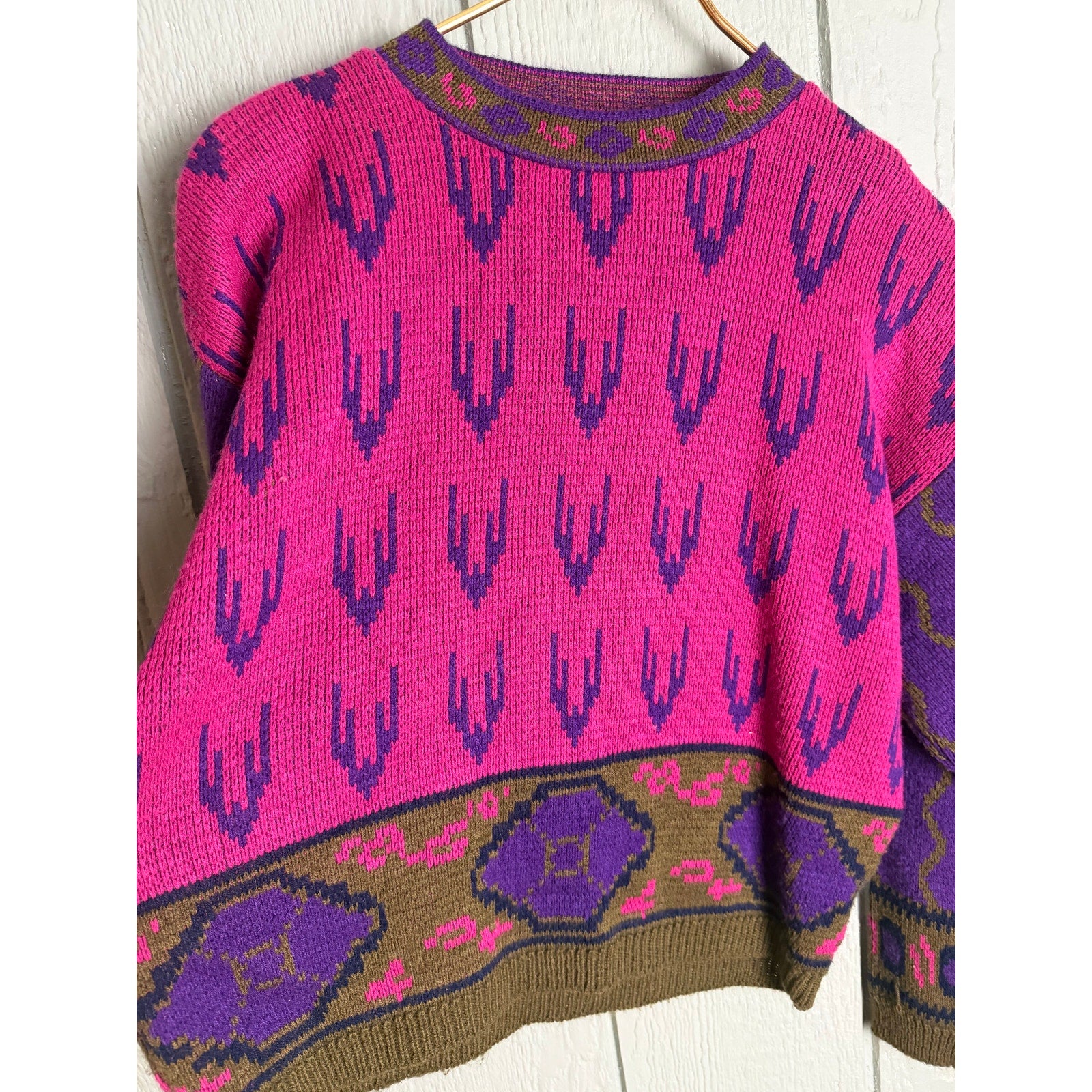 Vintage 80s 62 East Neon Pink Purple Southwestern Knit Sweater Size M