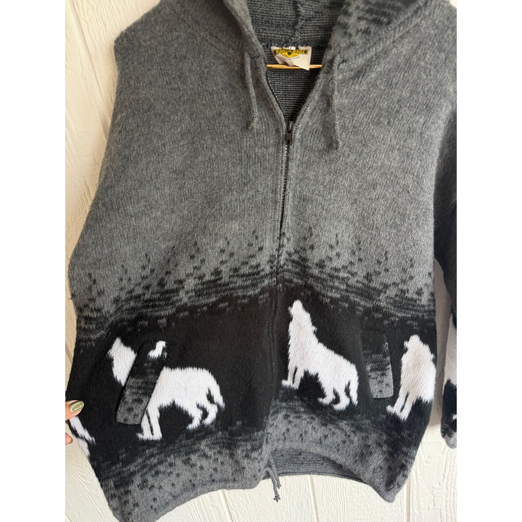 Earth Ragz Wool Wolf Sweater Medium Hooded Zip Jacket Ecuador Gray Black