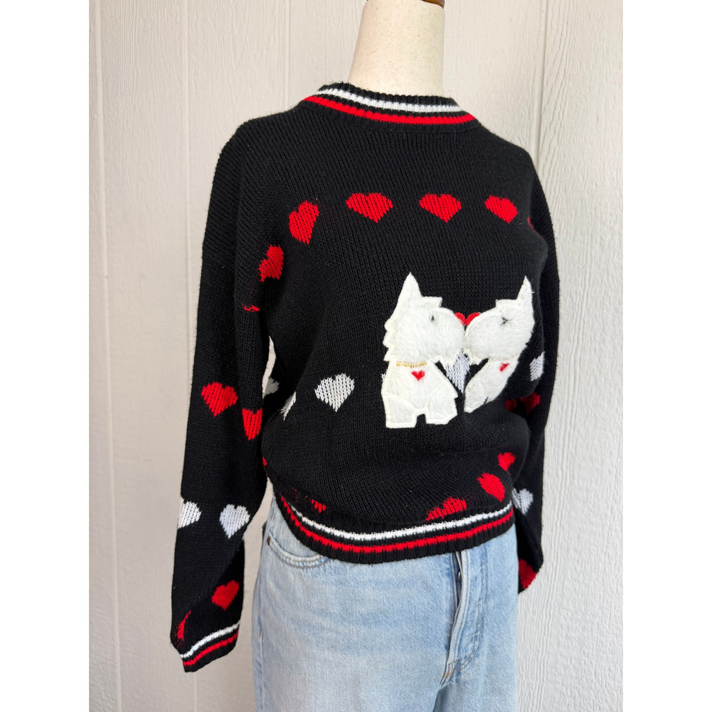 Vintage Scottie Dog Heart Sweater Made in USA Black Red White