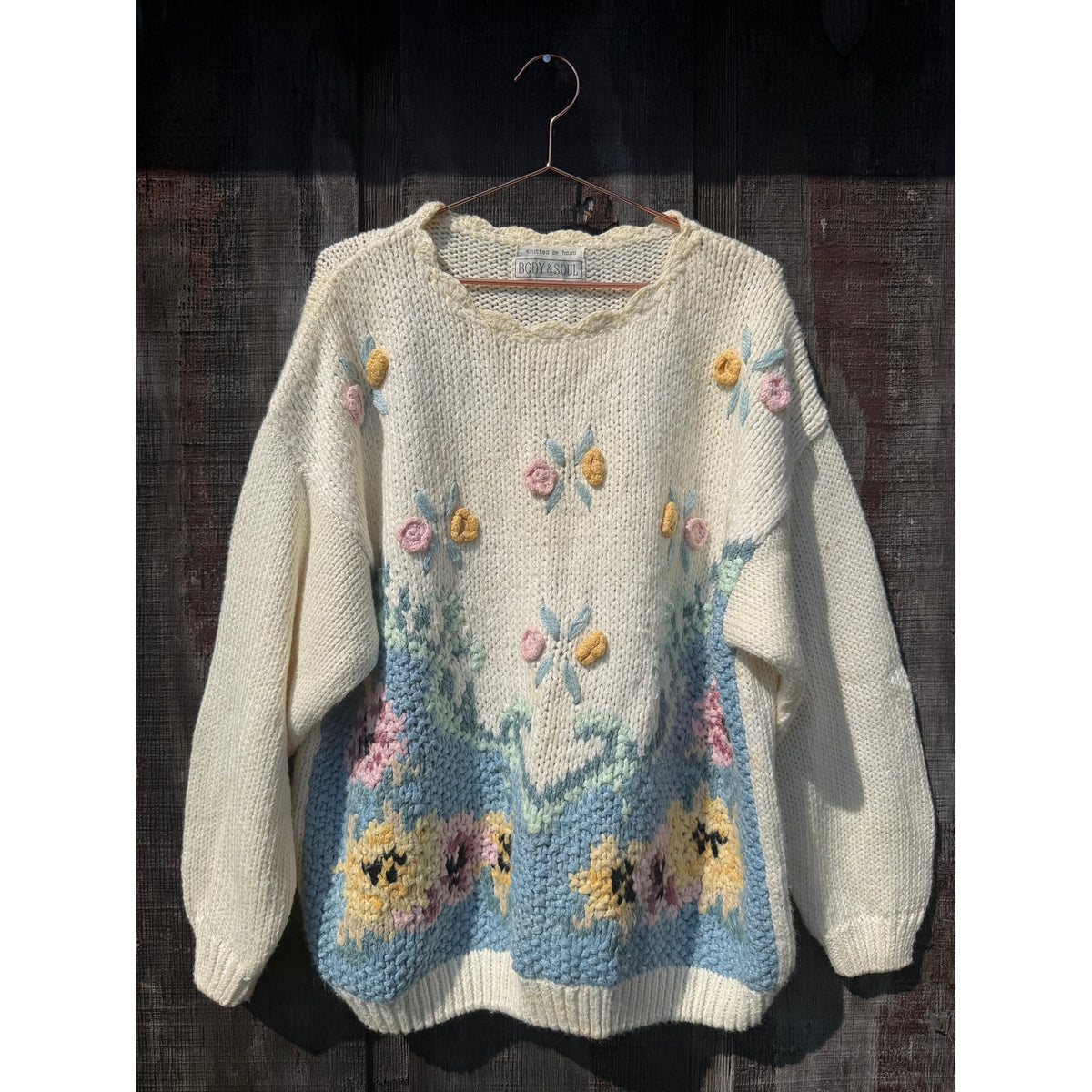 Vintage Hand Knit Floral Embroidered Sweater