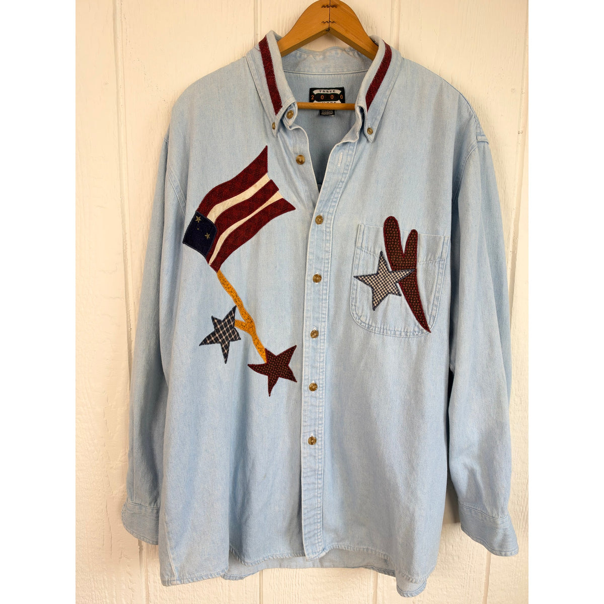 Vintage 90s Three Rivers 2000 Denim Shirt Patriotic Flag Star Applique XL