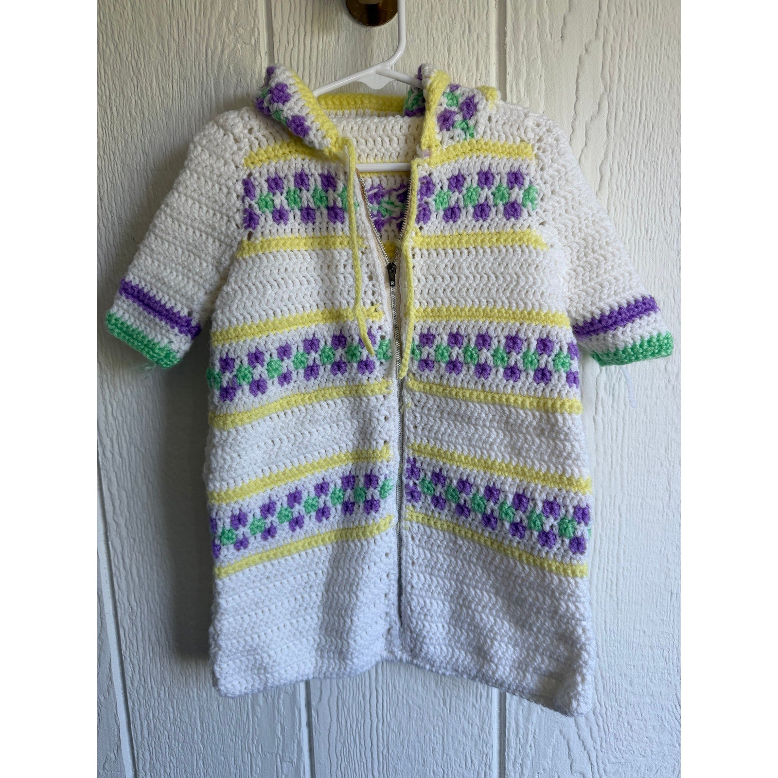 Vintage Handmade Crochet Hooded Sweater Coat Children's Zip Front