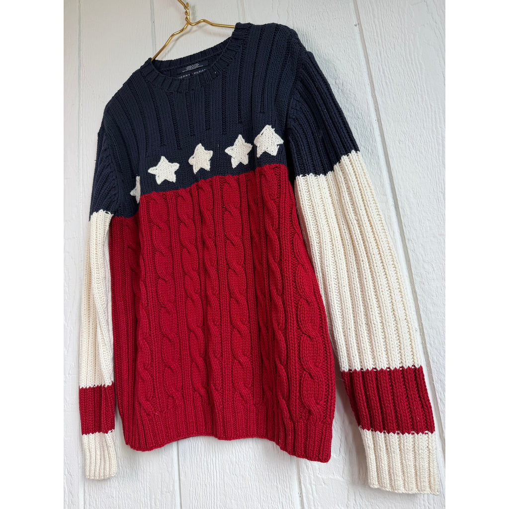 Vintage 90s Tommy Hilfiger American Flag Cable Knit Hand-Knit Sweater Medium