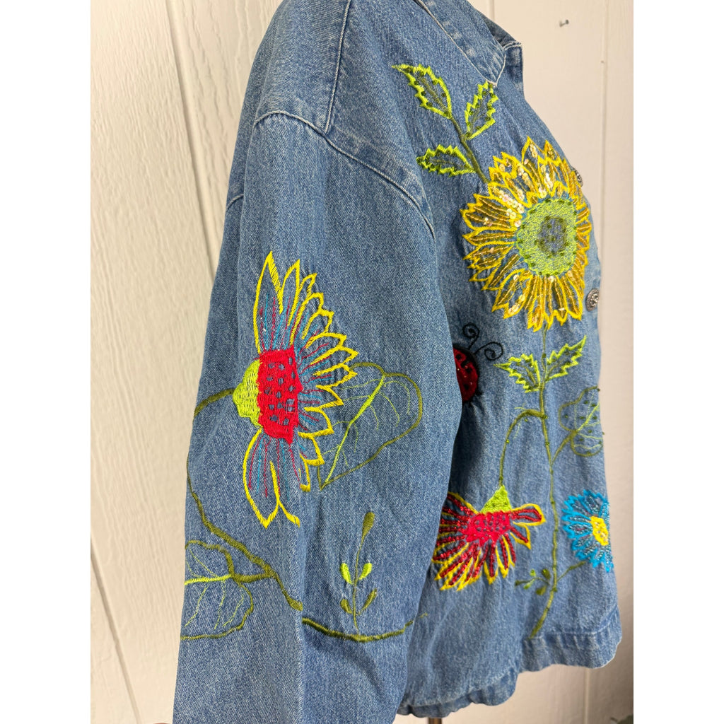 Vintage 90s Tantrums Embroidered Sunflower Denim Jacket Large Sequin Floral Boho