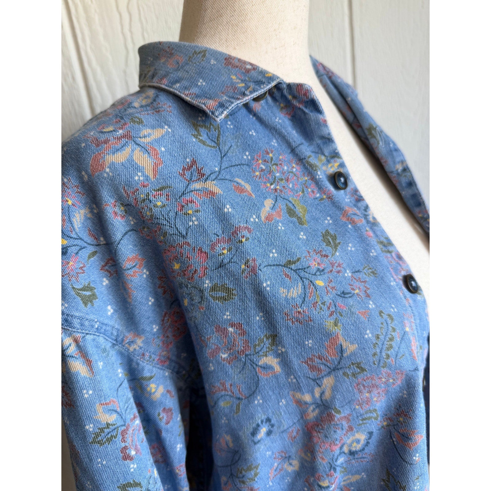 Vintage Floral Denim Jacket Women PL Button Front Cottagecore Blue