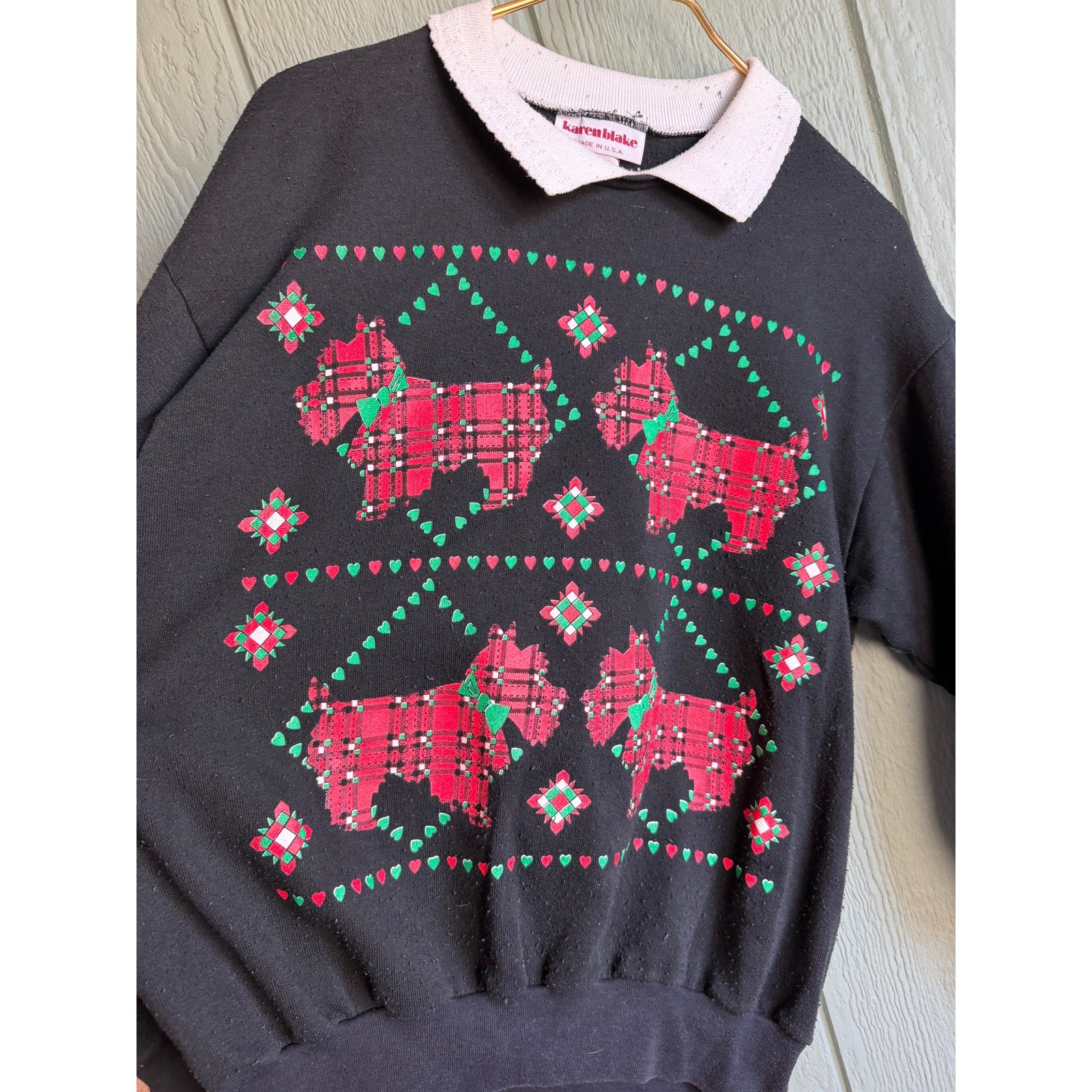 Vintage Karen Blake Christmas Sweatshirt Plaid Scottie Dogs Made in USA Medium