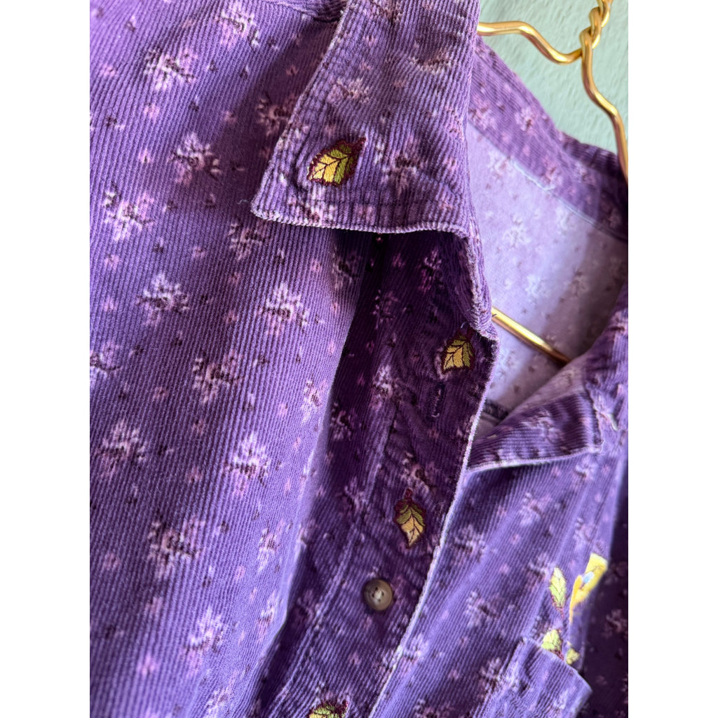 Vintage Tweety Bird Purple Corduroy Button Down Shirt Floral Looney Tunes 90s