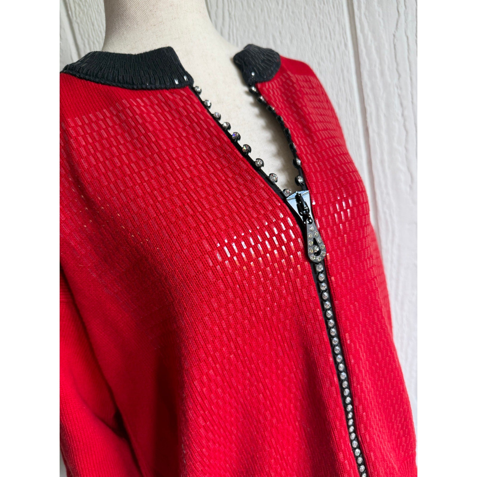 Vintage Mardel Red Rhinestone Zip Cardigan Sweater Sequin Statement