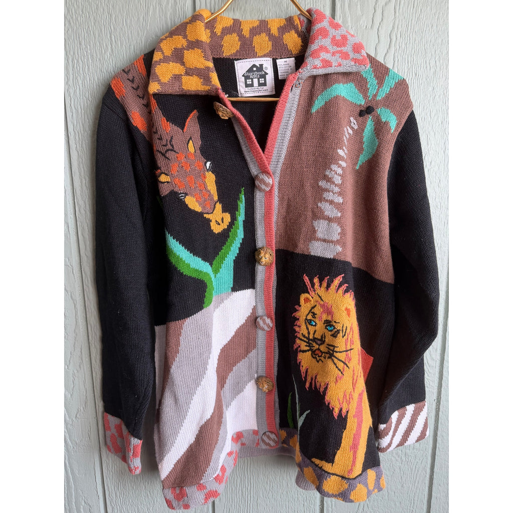Vintage Stonybrook Knits Safari Cardigan Lion Giraffe Animal Knit Sweater Size M